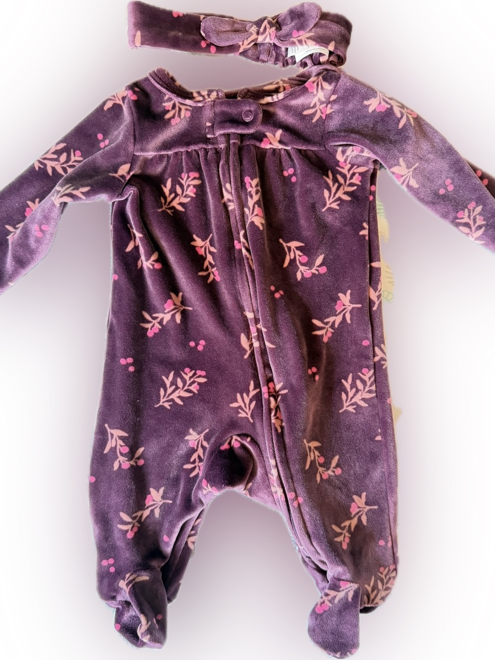 Carter's Purple Floral Fleece Footed One-Piece with Matching Headband